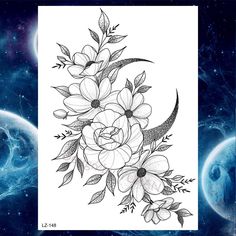 a drawing of flowers and the moon with stars in the background