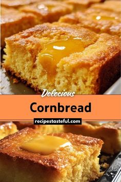 delicious cornbread with butter on top is shown in two different pictures and has been cut into squares