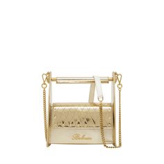 Balmain garden too box top handle bag in metallic grid-embossed leather  Metal top handle  Detachable chain shoulder strap Can be worn as a top handle or shoulder bag  Flap top with magnetic closure  Interior, one card slot  Approx. 8.3"H x 7.9"W x 3.7"D Spot clean Made in Italy Modern Gold Box Bag With Top Carry Handle, Modern Gold Box Bag With Top Handle, Luxury Box Bag With Round Handle For Evening, Gold Box Bag With Top Carry Handle, Luxury Rectangular Case Evening Bag With Detachable Strap, Gold Luxury Box Bag With Top Carry Handle, Luxury Gold Evening Bag With Top Carry Handle, Luxury Gold Box Bag With Top Carry Handle, Luxury Box Bag With Chain Strap For Evening