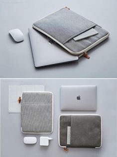 an apple laptop, mouse and other items are shown in two separate images with the same color