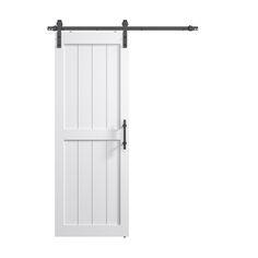 an open white barn door with black hardware on the top and bottom, against a white background