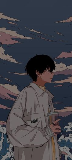 an anime character standing in front of a cloudy sky