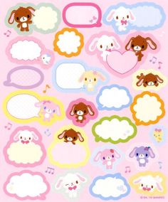 a bunch of stickers with animals and speech bubbles in them on a pink background