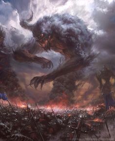 an image of a giant monster attacking a man in the middle of a battle with other monsters