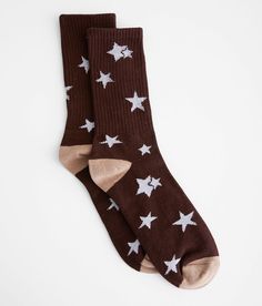 BKE Metallic Star Socks - Brown , Women's Darkbrown Printed crew socks One size fits most. 80% Cotton 15% Polyester 5% Spandex. Machine wash warm with like colors. Use only non-chlorine bleach when needed. Tumble dry medium. Do not iron. Apparel & Accessories Socks Grunge, Star Socks, Y2k Socks, 80s Socks, Brown Socks, Socks Aesthetic, Funky Socks, Winter Socks, Cute Socks