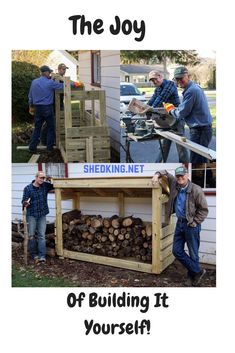 two men are building a shed with logs in it and one man is using a saw to cut the wood