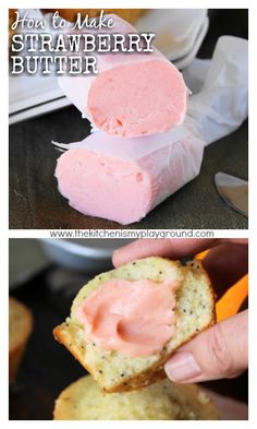 two pictures showing how to make strawberry butter in muffins with text overlay