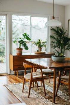 a dining room table with two chairs and a potted plant