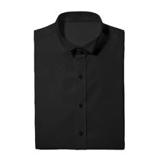 Color: Black
 	Style: Wingtip Collar
 	Cuffs: French
 	Fit: Regular Fit
 	Material: Luxe Microfiber Fitted Black Shirt With Fold-down Collar, Black Cotton Tops With Fold Down Collar, Black Cotton Top With Fold Down Collar, Black Cotton Top With Fold-down Collar, Classic Black Shirt With Fold Down Collar, Black Formal Dress Shirt With Collar, Black Fitted Collared Top, Black Fitted Top With Fold Down Collar, Black Fitted Business Tops