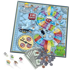 a board game with lots of money on the table and pieces of coins around it