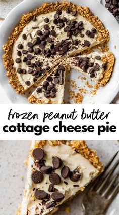 a frozen peanut butter cottage cheese pie with chocolate chips on top