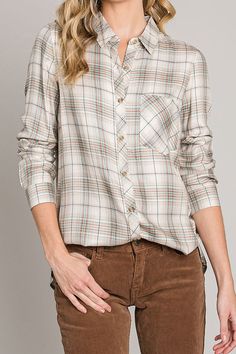 DetailsPlaid pattern button down blouse featuring a classic silhouette Content + Care- 100% Rayon Button Down Blouse, Classic Silhouette, Plaid Flannel, Plaid Pattern, Button Downs, Mint, Plaid, Pattern