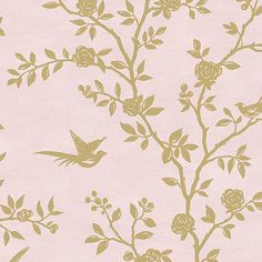 a pink and green wallpaper with flowers and birds on the branch, in front of a light pink background