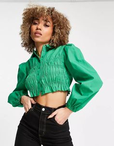 Topshop 70s collar shirred poplin shirt in green | ASOS Cotton Tops Designs, Festival Mode, Chic Tops, Western Tops, Chic Top, Ruffle Shirt, Shirts Design, Poplin Shirt, Cotton Top