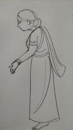 a drawing of a woman wearing a long dress and holding her hand out to the side