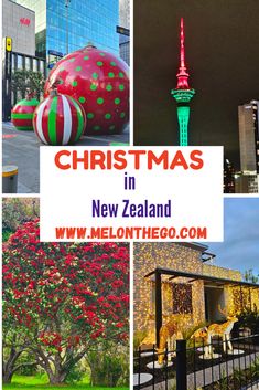 christmas in new zealand collage with text overlaying it's image and the words, christmas in new zealand