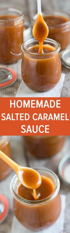 homemade salted caramel sauce in glass jars with spoon