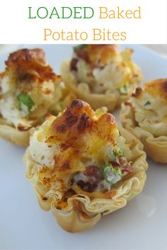 four baked potato bites on a plate with text overlay that reads loaded baked potato bites