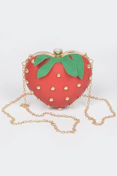 Crab Clutch/Crossbody Bag Red Bag w/ Gold Studs Gold Chain & Hardware Chain Is Removable Latch Closure 5"w x 5"h x 1.5"d Polyurethane Strawberry Fashion, Strawberry Accessories, Strawberry Purse, Strawberry Bag, Strawberry Stuff, Strawberry Aesthetic, Strawberry Things, Strawberry Hearts, Strawberry Wine