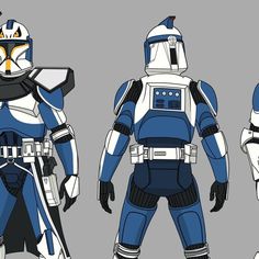 three different views of the clone commander from star wars, including one in blue and white