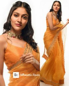 Organza saree Organza Saree Hairstyle, Hairstyles With Organza Saree, Latest Saree Trends, Saree Hairstyles, Orange Saree, Ruffle Saree, Organza Sarees, Indian Dresses Traditional, Saree Blouse Designs Latest