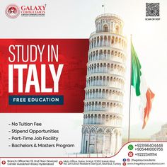 a poster with the words study in italy and an image of a leaning pisa tower