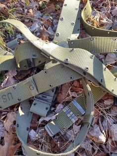 an army green belt laying on top of leaves and fallen down to the ground with two metal buckles