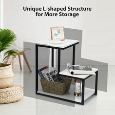 a small table with magazines on it next to a potted plant and wicker basket