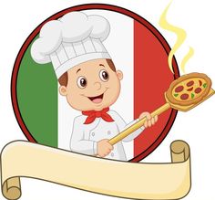 a chef holding a pizza in front of the italian flag with a scroll around it