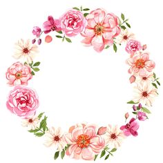 a floral wreath with pink flowers and green leaves on the edges, painted in watercolor