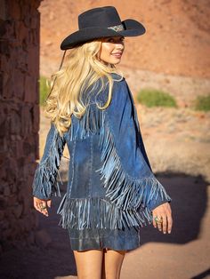 Great pricing on this beautiful coat, originally $1898. The perfect jacket and perfect finish to any western outfit. Our Jessie Fringe Jacket was created with careful placement of fringe and pockets. Loaded with hand stitching, our Italian leather has and amazing attention to detail. Fun to wear, and a true Wild West Statement! Fine distressed Italian leather in denim and navy. We do stock inventory, but please allow 4 weeks in case we are in production. Contact for stock if you are in a rush. W Denim Jacket Outfit Western, Festival Long Sleeve Outerwear With Frayed Hem, Bohemian Outerwear With Frayed Hem For Festivals, Rodeo Outerwear With Tassels, Western Style Long Sleeve Outerwear For Western-themed Events, Bohemian Long Sleeve Outerwear For Rodeo, Bohemian Long Sleeve Outerwear With Frayed Hem, Long Sleeve Outerwear With Tassels For Rodeo, Winter Festival Outerwear With Beaded Fringe