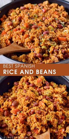 rice and beans in a skillet with wooden spoons on the side that says best spanish rice and beans