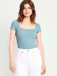 Lace-Trim Rib-Knit Top | Old Navy Trendy Fitted T-shirt With Square Neck, Chic Everyday Top With Square Neck, Casual Fitted Top With Straight Neckline, Casual Fitted Tops With Straight Neckline, Casual Tops With Straight Neckline And Fitted Style, Fitted Casual Tops With Straight Neckline, Fitted Square Neck T-shirt For Spring, Fitted Tops With Straight Neckline, Everyday Summer T-shirt With Square Neck