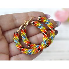 Trendy Handmade Hoop Beaded Earrings, Colorful Beaded Round Hoop Earrings, Colorful Bohemian Hoop Earrings, Trendy Multicolor Handmade Hoop Earrings, Trendy Handmade Multicolor Hoop Earrings, Multicolor Beaded Hoop Earrings For Festivals, Colorful Handmade Hoop Earrings For Summer, Handmade Colorful Hoop Earrings For Summer, Handmade Colorful Summer Hoop Earrings