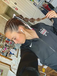 credits to me! #dutchbraids #hair #hairstyles #brownhaircolors #braids #ponytail #fishtail #racing #trackandfield #athletichair #cute #trendy #coquette French Braid Volleyball Hairstyles, Racing Hairstyles Running, Braid Running Hairstyles, Xc Hair Styles Ribbon, Two Braids Hairstyle Ponytail, Braided Game Day Hairstyles, Braiding Boyfriends Hair, Braided Hair For Sports, Hairstyles For Cross Country