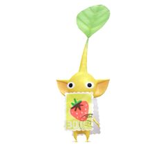 a yellow giraffe with a strawberry on it's head and a green leaf sticking out of its back