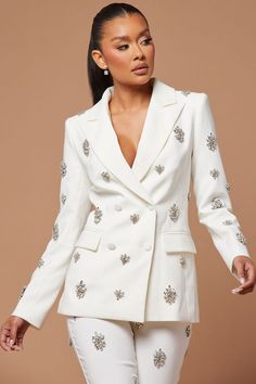 Verona Embellished Jacket - White | Fashion Nova, Luxe | Fashion Nova Embellished Blazer, Party Jackets, Embellished Jacket, Pantsuits For Women, Long Sleeve Blazers, Leather Blazer, Luxe Fashion, Suit Fashion, White Fashion