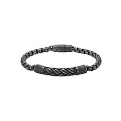 With its braided details and ultra-cool black ion plating, this men's LYNX stainless steel box chain bracelet is the perfect addition to your everyday accessories collection. With its braided details and ultra-cool black ion plating, this men's LYNX stainless steel box chain bracelet is the perfect addition to your everyday accessories collection. Length: 8.5 in. Chain type: box Metal: stainless steel Plating: black ion plated Finish: antiqued, polished Packaging: boxed Size: 8.5". Gender: male. Black Stainless Steel Bracelet With Box Chain, Black Metal Bracelet With Box Chain, Black Metal Box Chain Bracelets, Black Metal Cuban Link Bracelet As A Gift, Adjustable Durable Black Chain Bracelet, Black Metal Chain Bracelet With Stainless Steel Clasp, Black Chain Bracelet With Adjustable Stainless Steel Clasp, Adjustable Black Chain Bracelet With Stainless Steel Clasp, Modern Adjustable Gunmetal Chain Bracelet