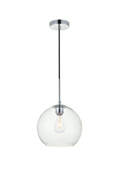 a clear glass light hanging from a ceiling fixture with an oval shape and metal frame