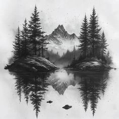 a black and white photo of mountains, trees, and water with the reflection of them in the water