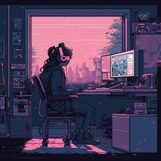 Moody late night lofi girl at her computer in front of her window studying. Goth Lofi Aesthetic, Lofi Aesthetic Drawing, Star Wars Lofi Art, Lofi Aesthetic Wallpaper Ipad, Lofi Cover Art, Lofi Art Night, Lofi Night Aesthetic, Lofi Playlist Cover, Lofi Study Aesthetic