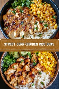 two bowls filled with rice, corn and chicken