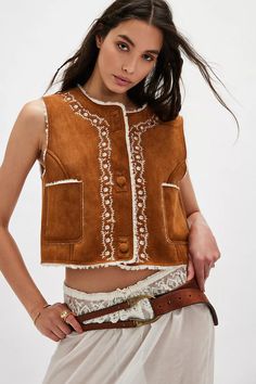 Travelers Suede Vest | Free People Brown Free People Vest, Womens Vest Fall, Tan Western Vest, Womens Fall Vests, Woven Leather Vest, Alpaca Wool Vest, Vest Free People, Pendelton Vest, Faux Suede Vest