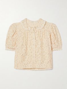 DÔEN's 'Lenore' top is made from delicate corded lace in a 'Mother of Pearl' shade that enhances the vintage appeal. It has a slightly loose, floaty shape with gently puffed sleeves and ruffled crochet trims along the collar and placket. Underpin it with a tonal camisole or bralette for coverage. Crochet Floral Top, Loose Fit Blouse, Ecru Color, Lace Trim Top, Corded Lace, Floral Crochet, Luxury Women Fashion, Crochet Trim, Bustiers