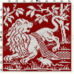 a red and white cross stitch pattern with an image of a dog in the woods