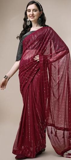 Red and Maroon color Saree in Imported fabric with Lace work Red Saree With Mirror Work For Reception, Reception Red Saree With Sequins, Red Sequined Saree For Reception, Reception Red Sequined Saree, Red Party Wear Saree For Reception, Red Saree With Sequins In Traditional Drape, Red Saree With Resham Embroidery For Party, Party Wear Red Saree With Resham Embroidery, Red Party Wear Saree With Resham Embroidery