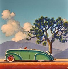 a painting of an old green car parked in front of a tree with mountains in the background