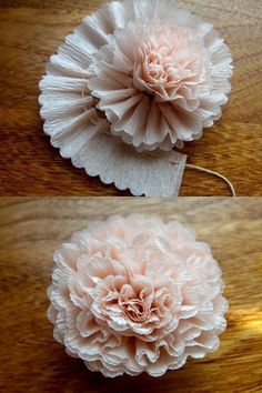 two pictures of pink flowers on top of a wooden table, one is made out of tissue paper and the other has yarn