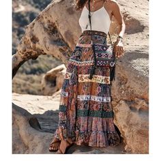 A Gorgeous Boho Must Have ! I Love The Earthy Colors Bohemian Ruffled Skirt For Summer, Bohemian Multicolor Ruffled Maxi Skirt, Boho Print Tiered Maxi Skirt For Vacation, Vacation Tiered Maxi Skirt With Boho Print, Vacation Boho Print Tiered Maxi Skirt, Tiered Boho Print Maxi Skirt For Vacation, Multicolor Bohemian Skirt With Boho Print, Summer Boho Print Flowy Maxi Skirt, Boho Print Long Skirt For Vacation