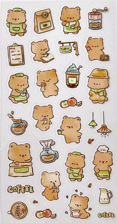 a sticker sheet with brown teddy bears and food items on the top of it